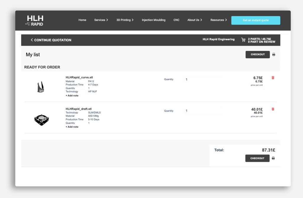 Viewing instant quote tool cart