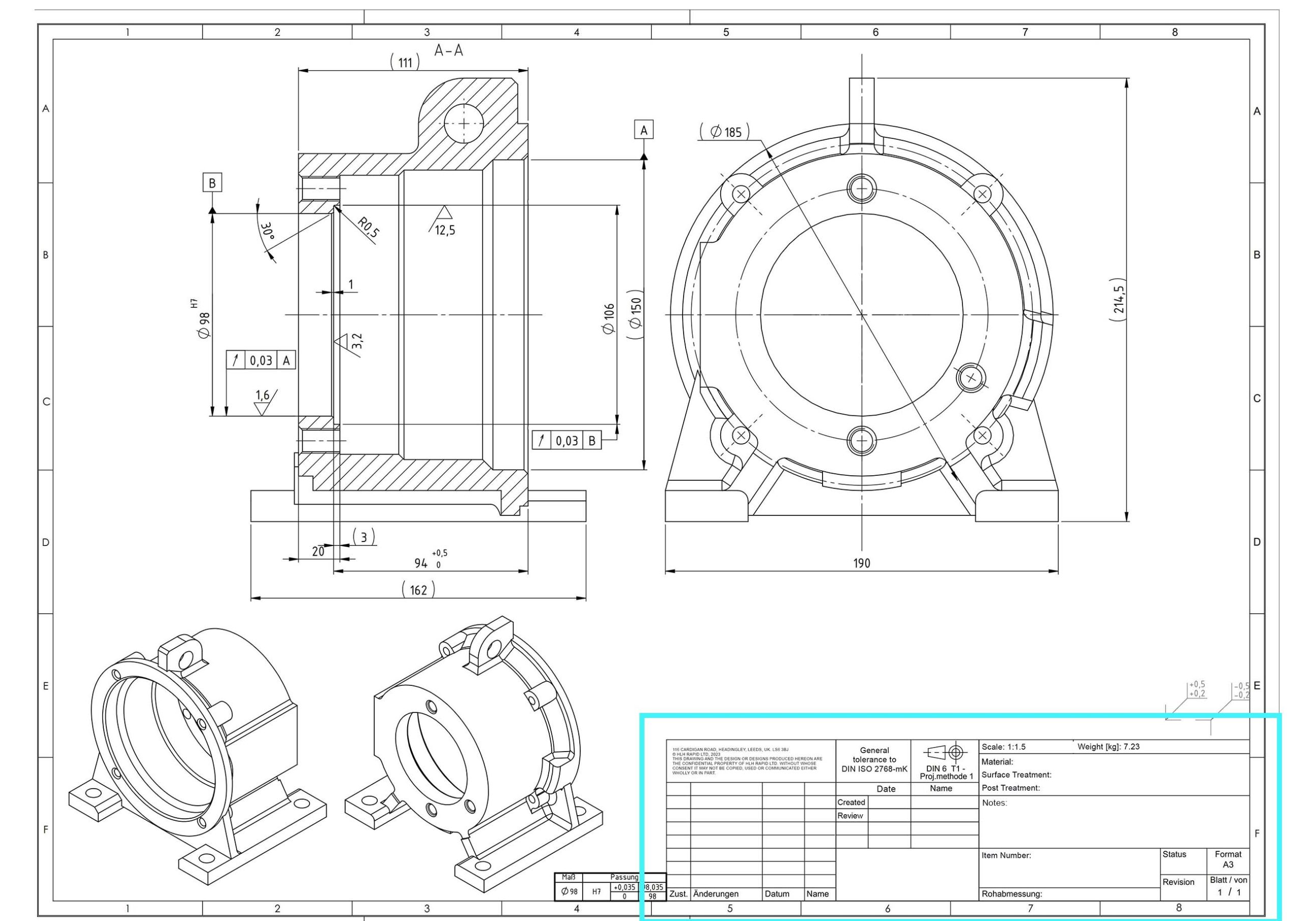 title block section of 2d technical engineering drawing