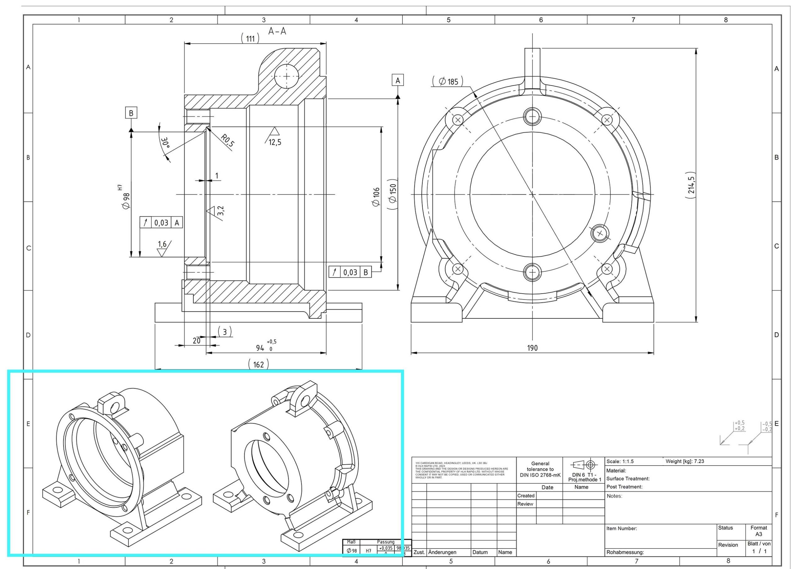 isometric drawing (view) of 2d technical engineering drawing