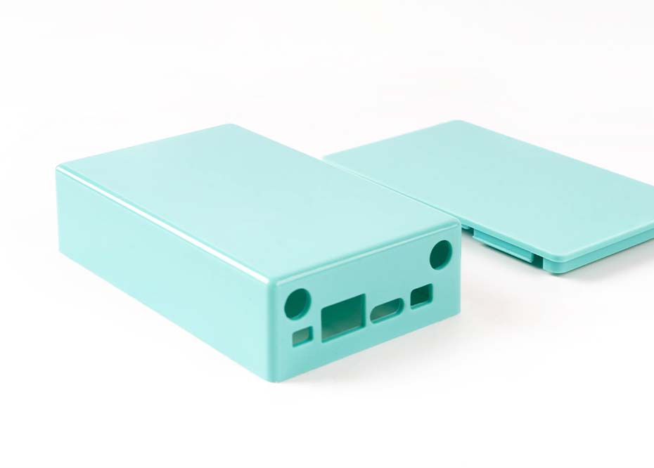 plastic injection moulded enclosure with a blue painted surface finish