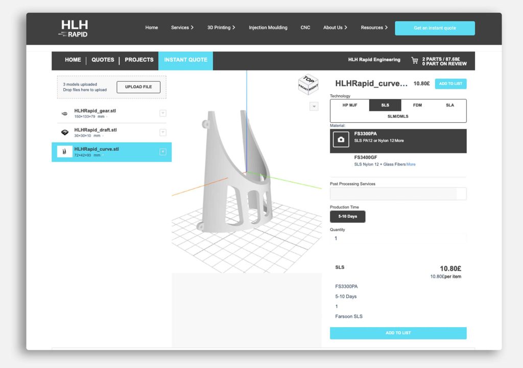Choosing technology and material to calculate part price on instant quote tool