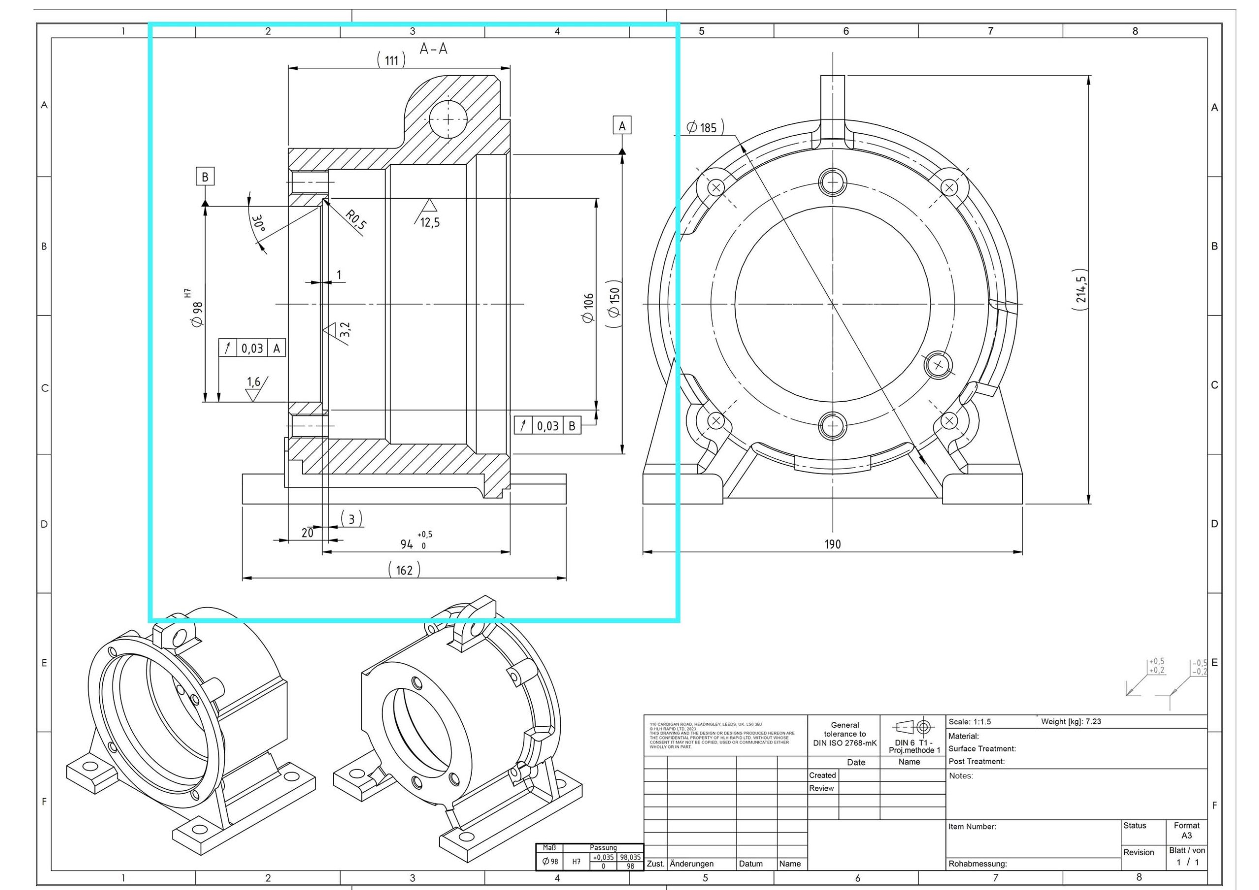 orthographic drawing (view) of 2d technical engineering drawing
